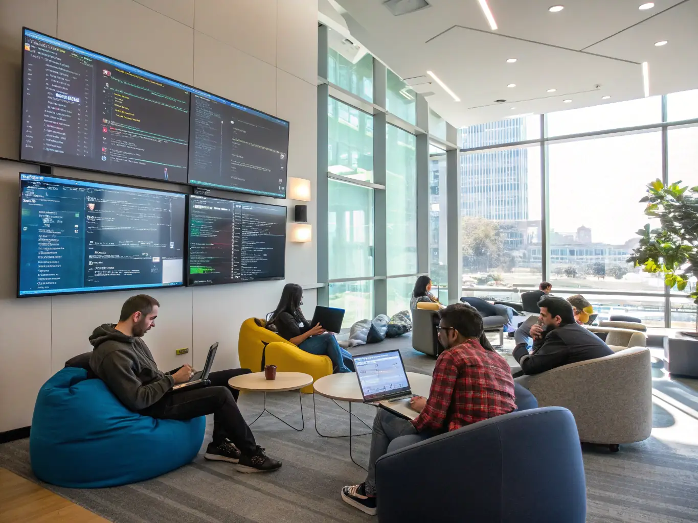 A diverse group of AI developers collaborating on a project in a modern, open-plan office space, symbolizing the collaborative environment of a2ax.ai's ecosystem.